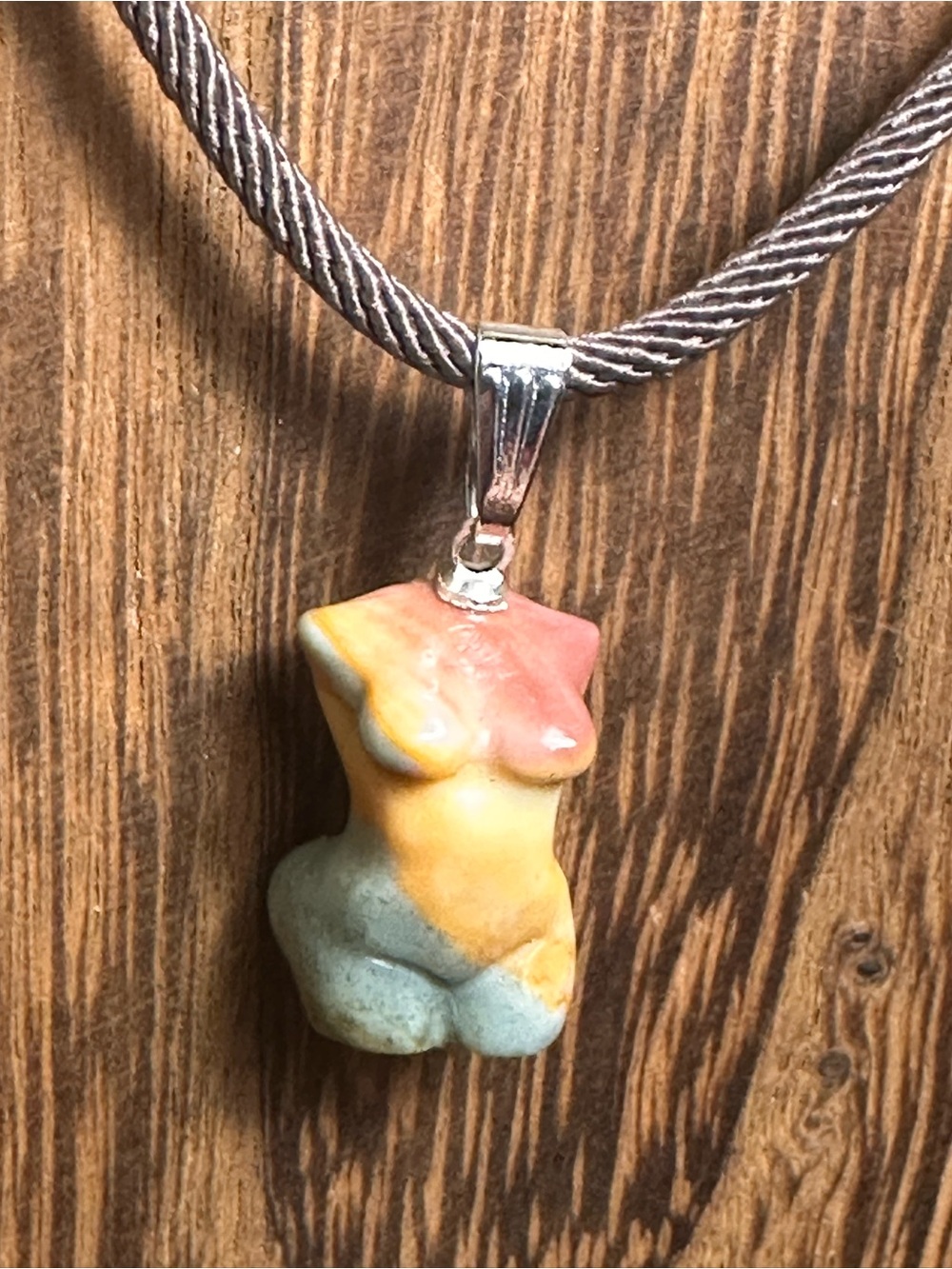 Multicolor Mini Agate Body Carving Pendant Necklace on Brown Rope - Picture 14 of 16